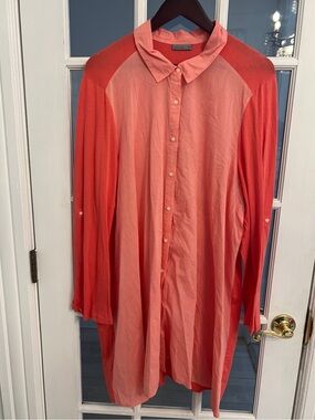 SHIMERA Women Coral Pink Colorblock Cotton Button Down Tunic Shirt Plus 2X